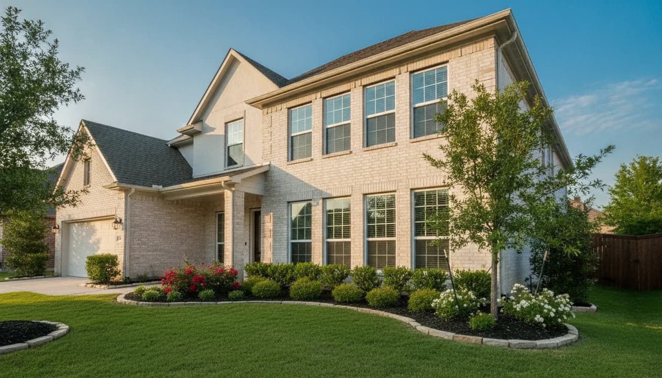 Double hung vinyl windows on a Dallas suburban home in late-afternoon sunlight