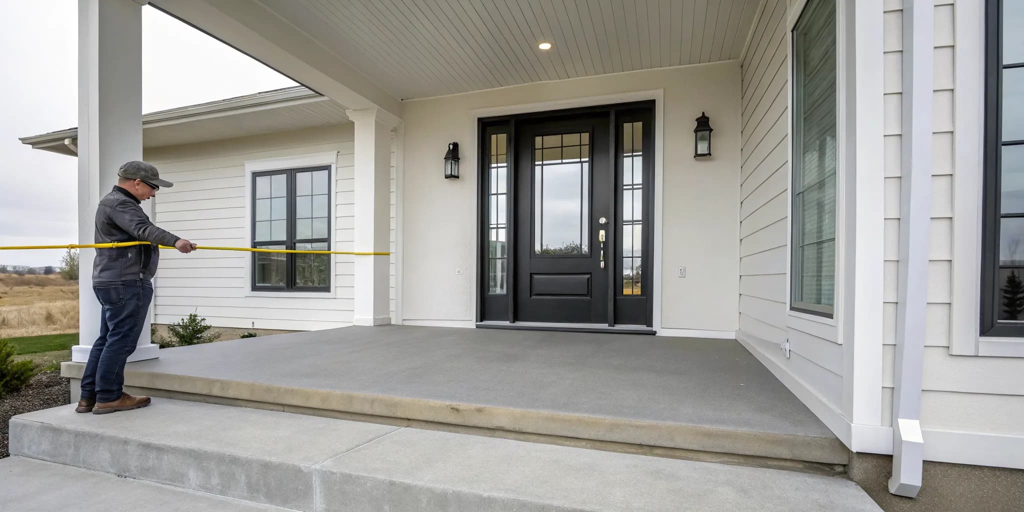 A contractor measures a doorway to estimate the exterior door replacement cost.