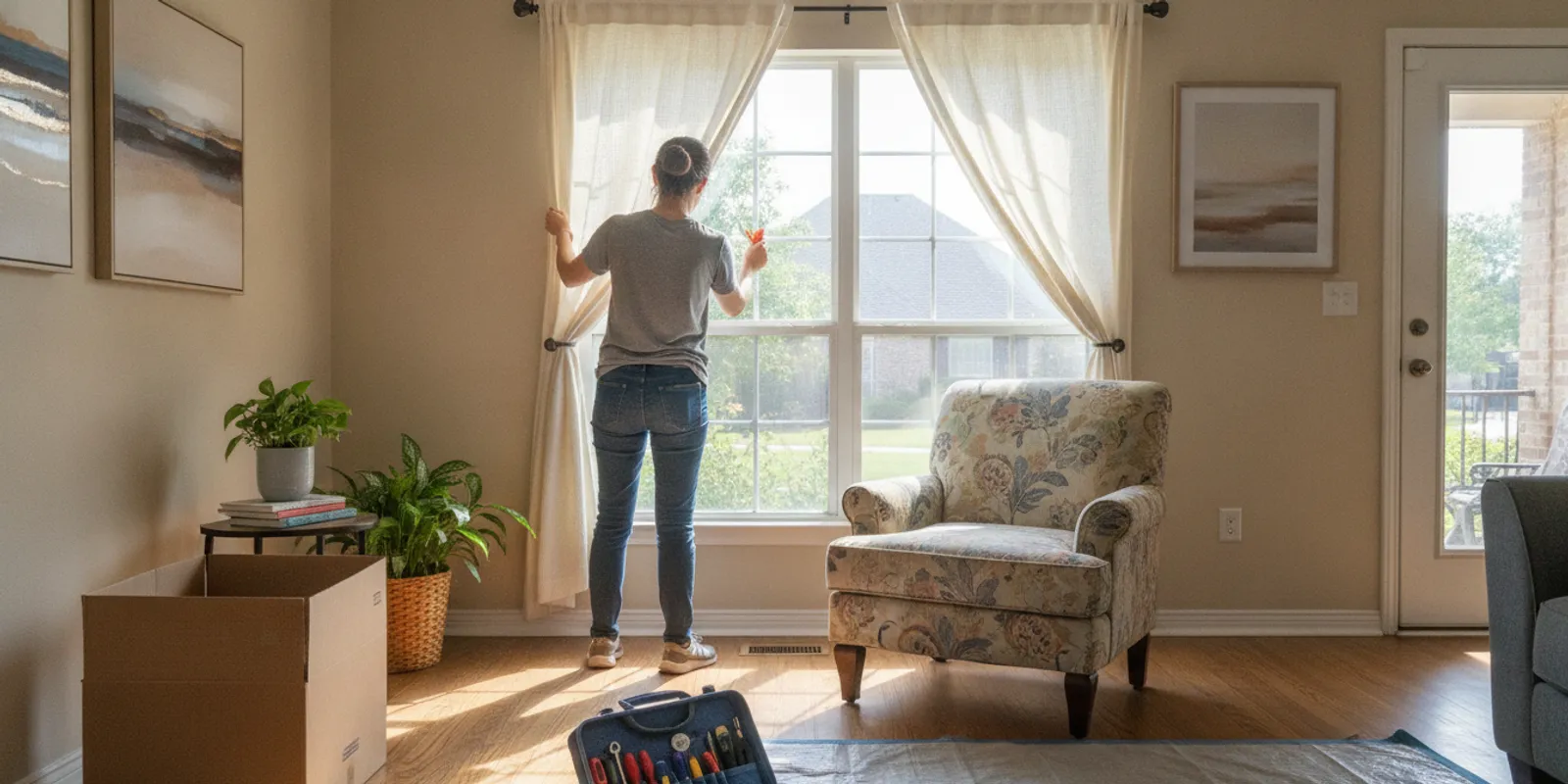 Homeowner clears a room near a window before a replacement installation