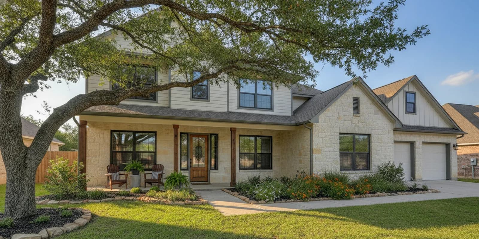 A Texas home with black-framed windows and a shaded front porch