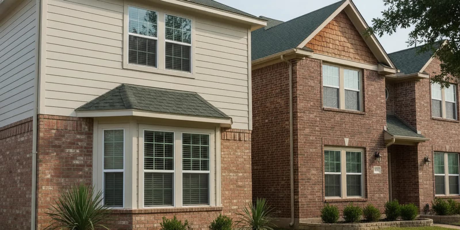 White and beige vinyl replacement windows shown against complementary home exteriors