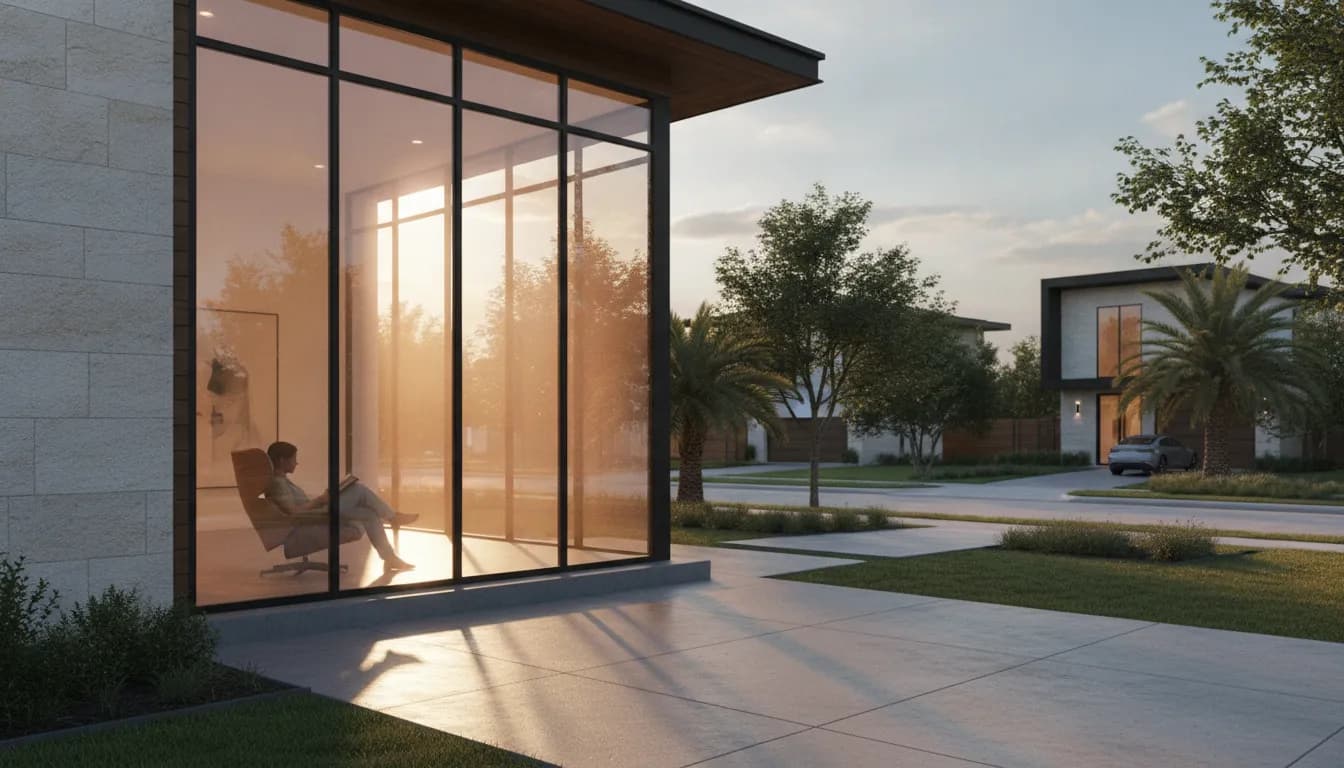 Energy-efficient vinyl and fiberglass replacement windows on a modern Dallas home in afternoon sunlight